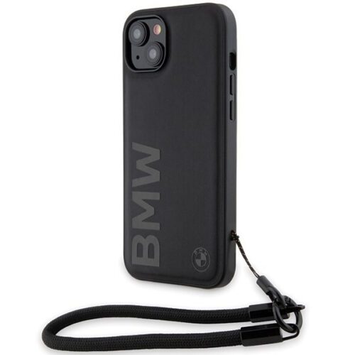 BMW BMHCP15M23RMRLK iPhone 15 Plus 6.7" fekete keménytok Signature Leather Wordmark zsinór