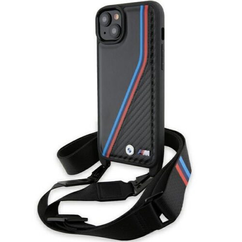 BMW BMHCP15S23PSVTK M Edition Carbon Tricolor Lines & Strap keménytok iPhone 15 - fekete
