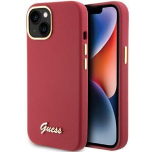Guess GUHCP15SSMBSLM iPhone 15 6.1" magenta színű keménytok szilikon írás fém logóval és kerettel