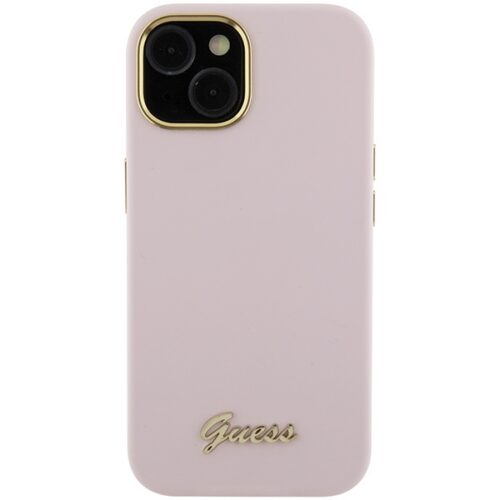 Guess GUHCP15SSMBSLP iPhone 15 6.1" rózsaszín keménytok szilikon írás fém logó és keret - Image 2