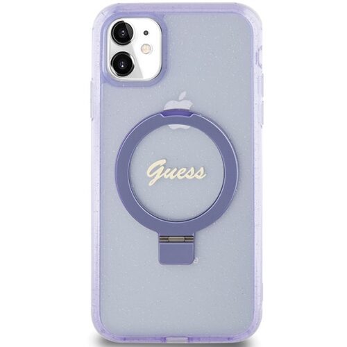 Guess GUHMN61HRSGSU iPhone 11 6.1" lila keménytok gyűrűs állvány Script Glitter MagSafe - Image 2