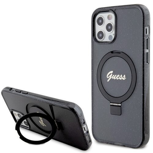 Guess GUHMP12MHRSGSK iPhone 12/12 Pro 6.1" fekete keménytok gyűrűs állvány Script Glitter MagSafe