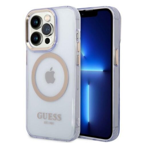 Guess GUHMP14LHTCMU iPhone 14 Pro 6.1" lila keménytok Arany kontúrú MagSafe áttetsző tok