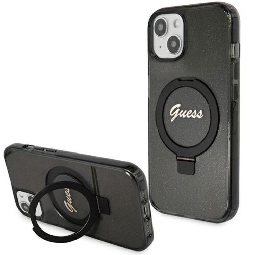 Guess GUHMP14SHRSGSK iPhone 14 6.1" fekete kemény tok Ring Stand Script Glitter MagSafe