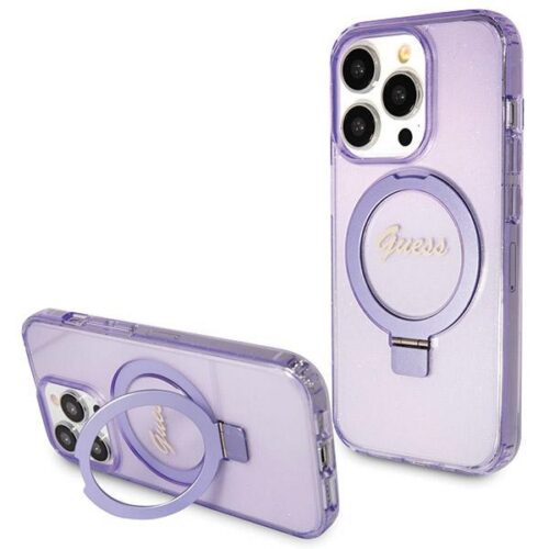 Guess GUHMP14XHRSGSU iPhone 14 Pro Max 6.7" lila kemény tok Ring Stand Script Glitter MagSafe