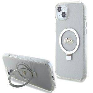 Guess GUHMP15MHRSGSD iPhone 15 Plus 6.7" átlátszó keménytok gyűrűs állvány Script Glitter MagSafe