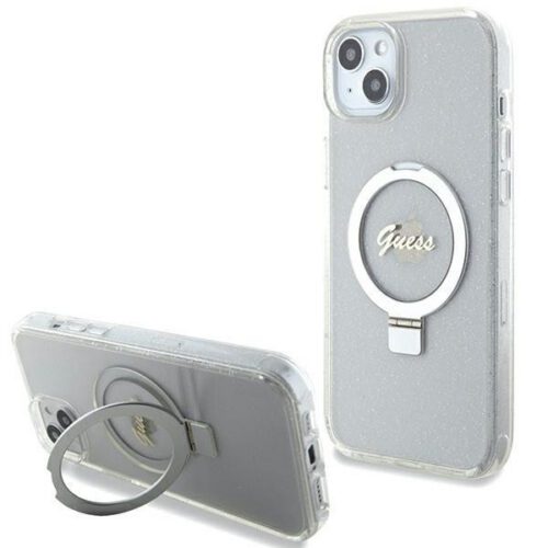 Guess GUHMP15MHRSGSD iPhone 15 Plus 6.7" átlátszó keménytok gyűrűs állvány Script Glitter MagSafe