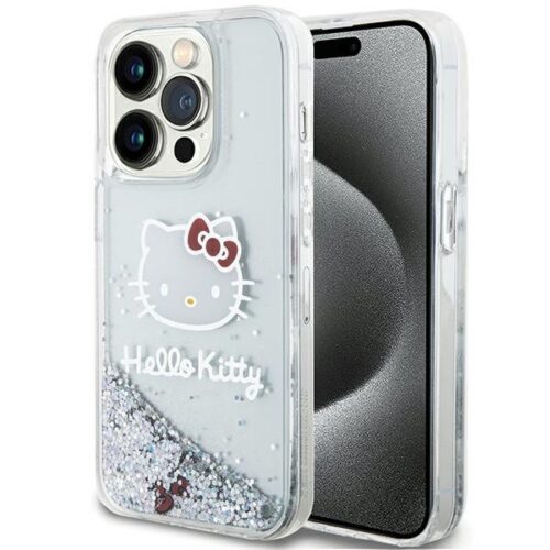 Hello Kitty HKHCP15LLIKHET iPhone 15 Pro 6.1" ezüst keménytok folyékony Glitter Charms Kitty Head