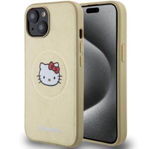 Hello Kitty HKHMP15SPGHCKD iPhone 15 6.1" arany keménytok bőr Kitty Head MagSafe
