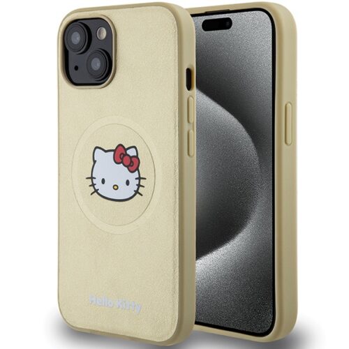 Hello Kitty HKHMP15SPGHCKD iPhone 15 6.1" arany keménytok bőr Kitty Head MagSafe