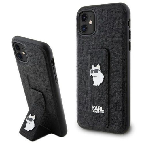 Karl Lagerfeld KLHCN61GSACHPK iPhone 11 6.1" fekete keménytok Gripstand Saffiano Choupette kitűző