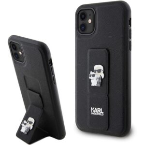 Karl Lagerfeld KLHCN61GSAKCPK iPhone 11 6.1" fekete keménytok Gripstand Saffiano Karl&Choupette kitűző
