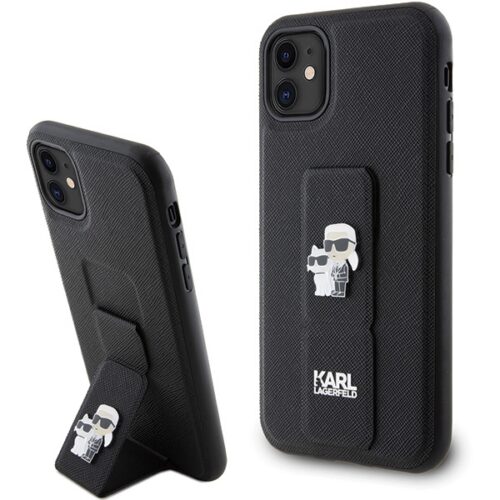 Karl Lagerfeld KLHCN61GSAKCPK iPhone 11 6.1" fekete keménytok Gripstand Saffiano Karl&Choupette kitűző