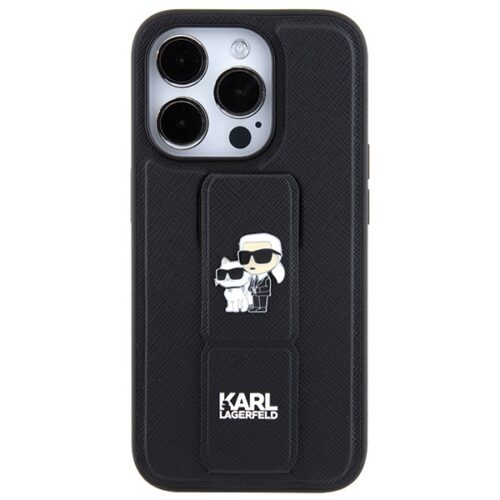 Karl Lagerfeld KLHCP13LGSAKCPK iPhone 13 Pro / 13 6.1" fekete keménytok Gripstand Saffiano Karl&Choupette kitűző - Image 2