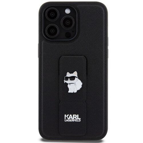 Karl Lagerfeld KLHCP13XGSACHPK iPhone 13 Pro Max 6.7" fekete keménytok Gripstand Saffiano Choupette kitűző - Image 2