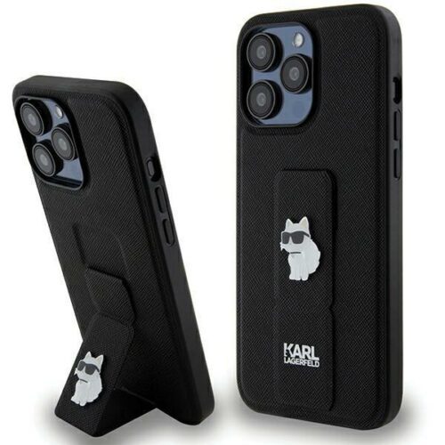 Karl Lagerfeld KLHCP13XGSACHPK iPhone 13 Pro Max 6.7" fekete keménytok Gripstand Saffiano Choupette kitűző