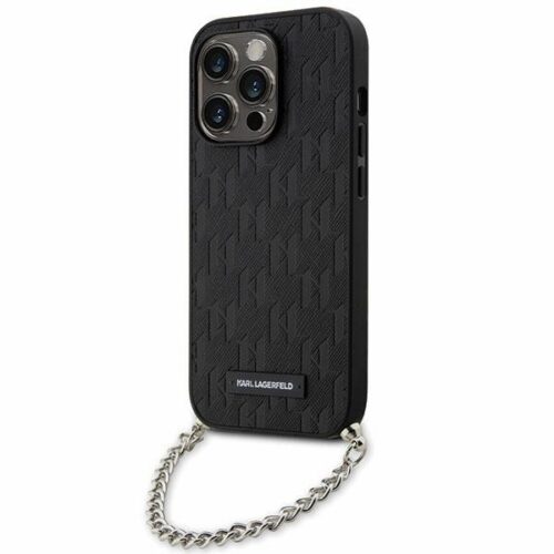 Karl Lagerfeld KLHCP14LSACKLHPK iPhone 14 Pro 6.1" fekete keménytok Saffiano monogramos lánccal