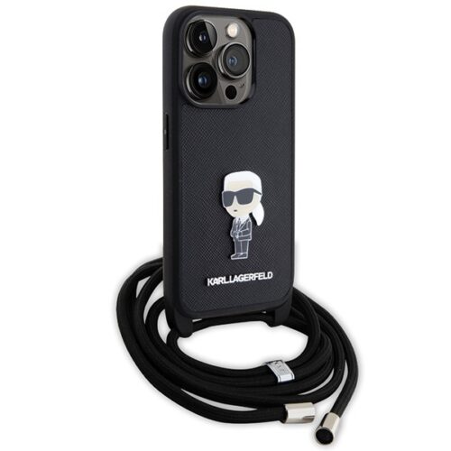 Karl Lagerfeld KLHCP15LSASKNPSK iPhone 15 Pro 6.1" keménytok fekete Crossbody Saffiano Monogram fém kitűző Karl & Choupette - Image 2