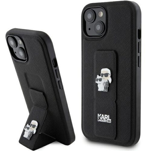Karl Lagerfeld KLHCP15MGSAKCPK iPhone 15 Plus 6.7" fekete keménytok Gripstand Saffiano Karl&Choupette Pins
