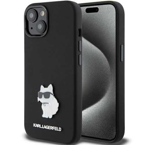 Karl Lagerfeld KLHCP15MSMHCNPK iPhone 15 Plus 6.7" fekete szilikon Choupette fém kitűzős tok