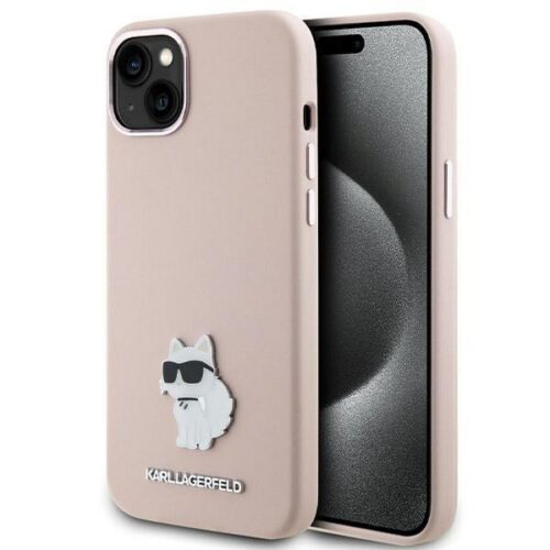Karl Lagerfeld KLHCP15MSMHCNPP iPhone 15 Plus 6.7" rózsaszín szilikon Choupette fém kitűzős tok