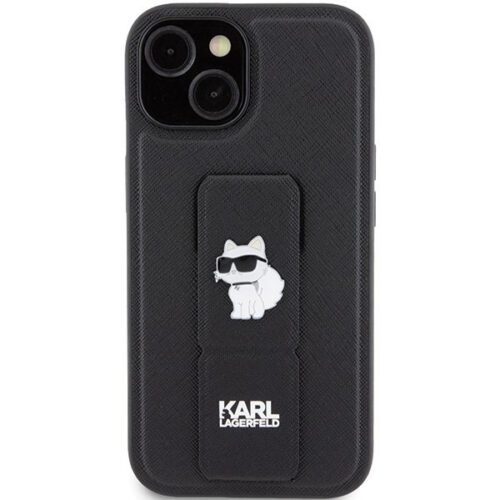 Karl Lagerfeld KLHCP15SGSACHPK iPhone 15 6.1" fekete keménytok Gripstand Saffiano Choupette kitűzős - Image 2
