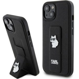 Karl Lagerfeld KLHCP15SGSACHPK iPhone 15 6.1" fekete keménytok Gripstand Saffiano Choupette kitűzős