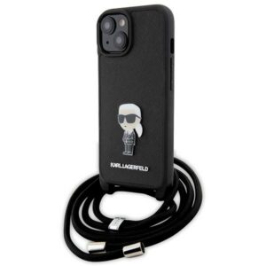 Karl Lagerfeld KLHCP15SSASKNPSK iPhone 15 6.1" keménytok fekete Crossbody Saffiano Monogram Metal Pin Karl & Choupette