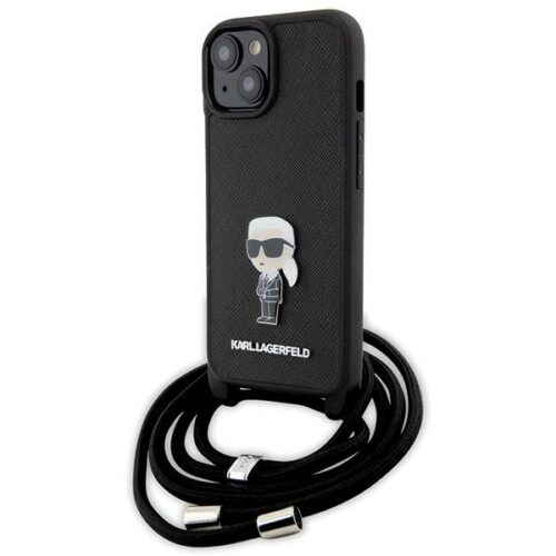 Karl Lagerfeld KLHCP15SSASKNPSK iPhone 15 6.1" keménytok fekete Crossbody Saffiano Monogram Metal Pin Karl & Choupette
