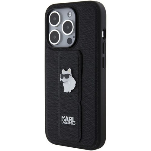 Karl Lagerfeld KLHCP15XGSACHPK iPhone 15 Pro Max 6.7" fekete keménytok Gripstand Saffiano Choupette kitűző - Image 2