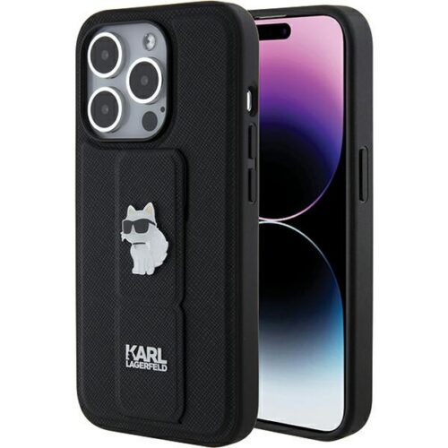 Karl Lagerfeld KLHCP15XGSACHPK iPhone 15 Pro Max 6.7" fekete keménytok Gripstand Saffiano Choupette kitűző