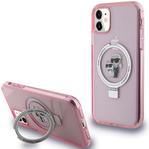 Karl Lagerfeld KLHMN61HMRSKCP iPhone 11 6.1" rózsaszín keménytok Gyűrűs állvány Karl&Choupettte MagSafe