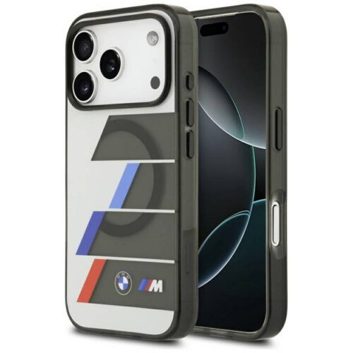 BMW M IML fémgombok trikolor vonalak MagSafe tok iPhone 17 Pro antracithoz