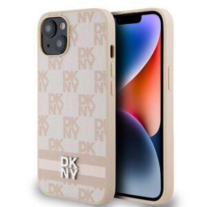 DKNY DKHCP14SPCPTSSP Leather Checkered Mono Pattern & Printed Stripes tok iPhone 14 - rózsaszín