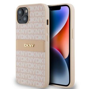 DKNY DKHCP14SPRTHSLP Leather Mono Stripe & Metal Logo tok iPhone 14 - rózsaszín