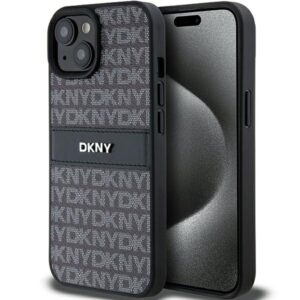 DKNY DKHCP15MPRTHSLK Leather Mono Stripe & Metal Logo tok iPhone 15 Plus - fekete