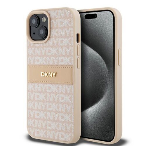 DKNY DKHCP15MPRTHSLP Leather Mono Stripe & Metal Logo Case tok iPhone 15 Plus - rózsaszín