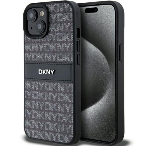 DKNY DKHCP15SPRTHSLK Leather Mono Stripe & Metal Logo tok iPhone 15 - fekete
