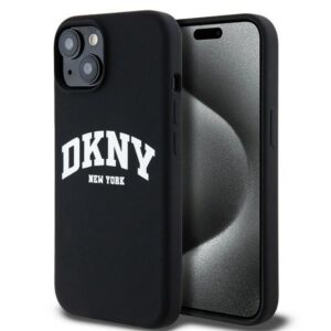 DKNY DKHMP15MSNYACH Liquid Silicone White Printed Logo MagSafe-kompatibilis tok iPhone 15 Plus - fekete