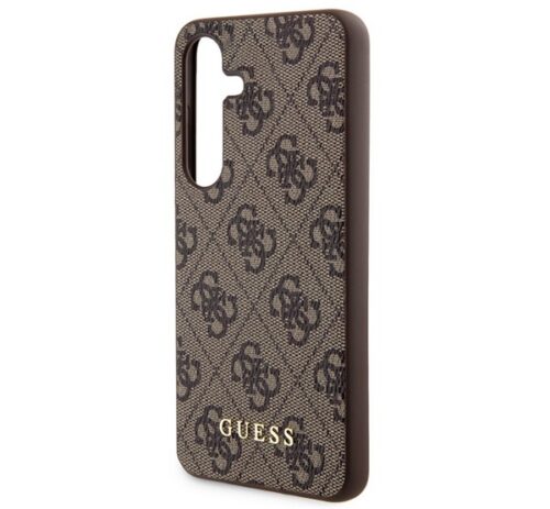 GUESS 4G METAL GOLD LOGO műanyag telefonvédő (textil hátlap) SÖTÉTBARNA Samsung Galaxy S24 (SM-S921)