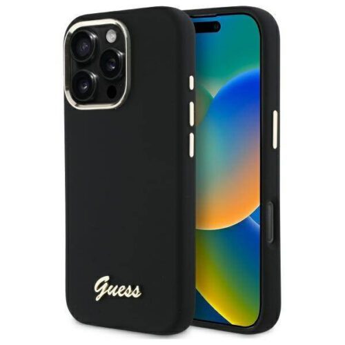Guess GUHCP16LSMBSLK iPhone 16 Pro 6.3" fekete keménytok szilikon script fém logó és keret