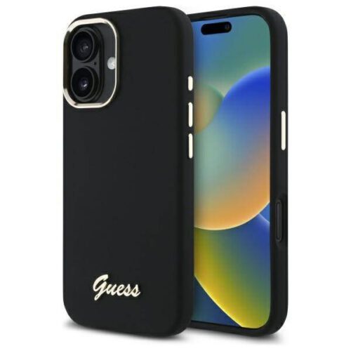 Guess GUHCP16MSMBSLK iPhone 16 Plus 6.7" fekete keménytok szilikon script fém logó és keret