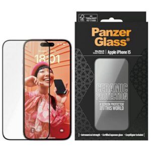 PanzerGlass Ceramic Protection kerámiaüveg fekete szegéllyel felhelyezést segítő kerettel iPhone 15