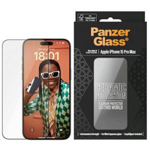 PanzerGlass Ceramic Protection kerámiaüveg fekete szegéllyel felhelyezést segítő kerettel iPhone 15 Pro Max
