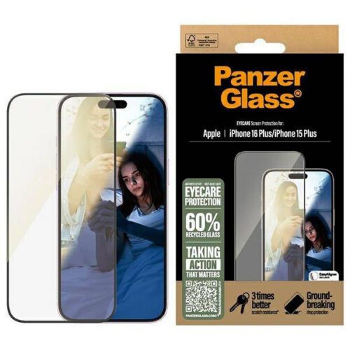 PanzerGlass EyeCare tükröződésmentes kékfény szűrős edzett üveg fekete szegéllyel iPhone 15 Plus/16 Plus