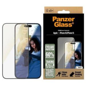 PanzerGlass EyeCare tükröződésmentes kékfény szűrős edzett üveg fekete szegéllyel iPhone 15/16