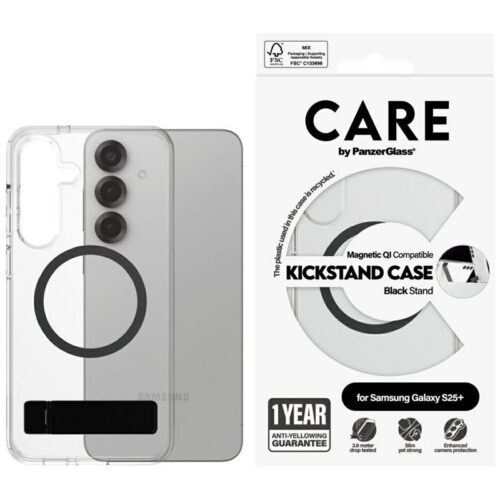PanzerGlass Feature Black Kickstand & QI MagSafe-kompatibilis tok Samsung Galaxy S25 Plus - átlátszó