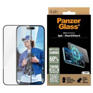 PanzerGlass Gaming matt edzett üveg fekete szegéllyel felhelyezést segítő kerettel iPhone 15/16
