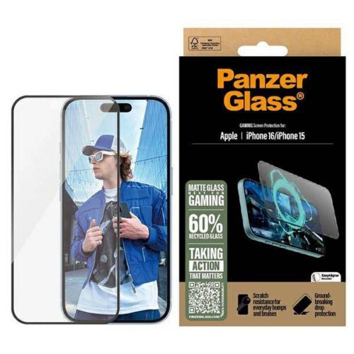 PanzerGlass Gaming matt edzett üveg fekete szegéllyel felhelyezést segítő kerettel iPhone 15/16