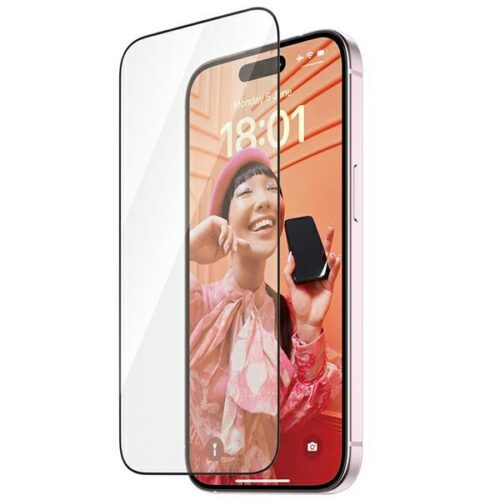PanzerGlass Re:fresh Glass oleofób edzett üveg fekete szegéllyel felhelyezést segítő kerettel iPhone 15